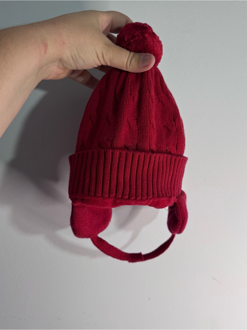 Baby Gap Red Cable Knit Pom Pom Trapper Beanie Hat 6-12 Months Fleece Lined